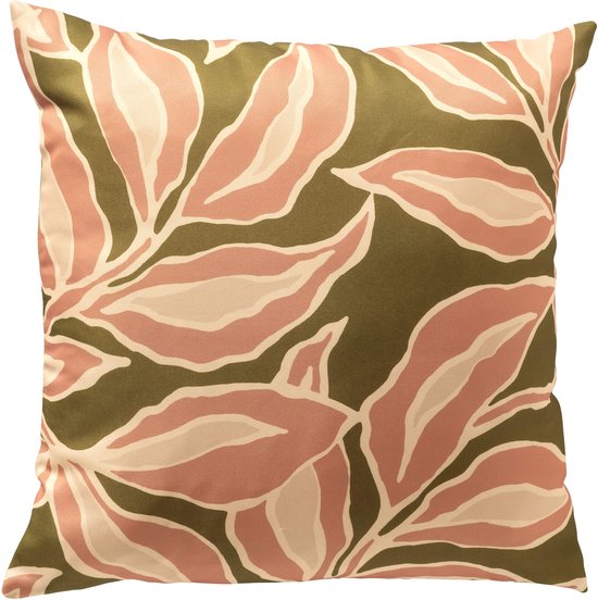 Kussen met groen bladmotief in roze en beige tinten.