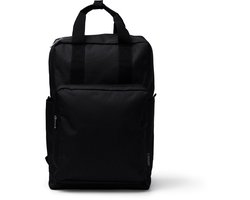 Zwarte rugzak gerecycled polyester hoofdvak met laptopvak, apart vak voorzijde en flesvak