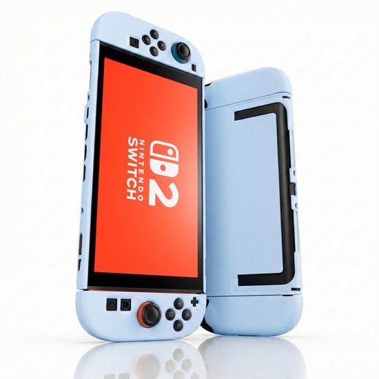 Blauwe Nintendo Switch 2 console staand en de achterkant van de hoes ernaast.
