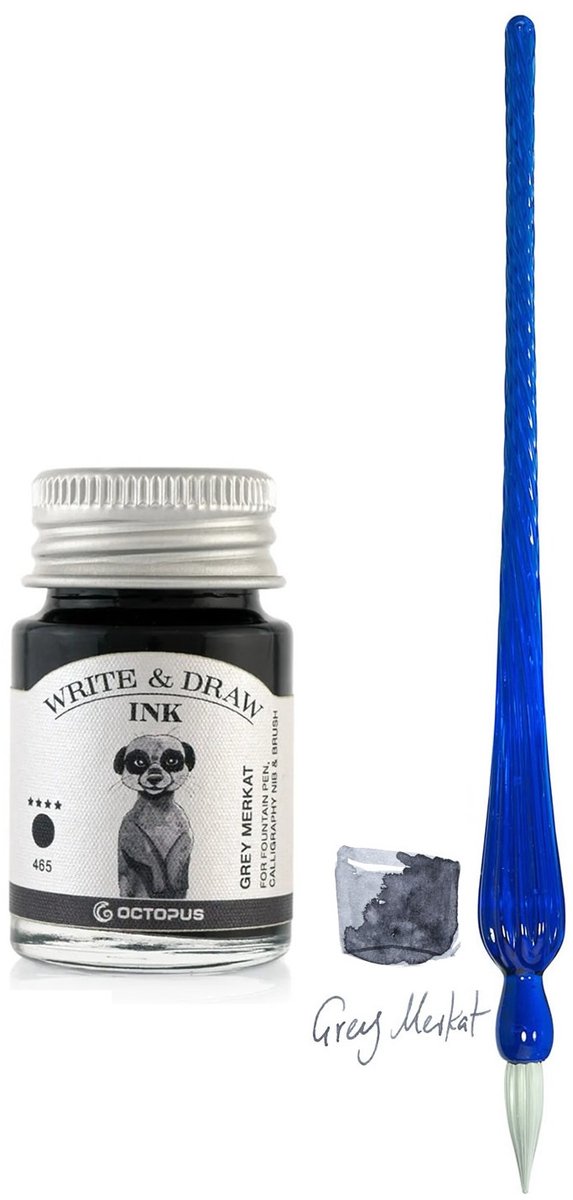 Glaspen - Glazen Dip Pen set in doosje - Blauw - Potje - Octopus - Vulpen inkt - grey merkat