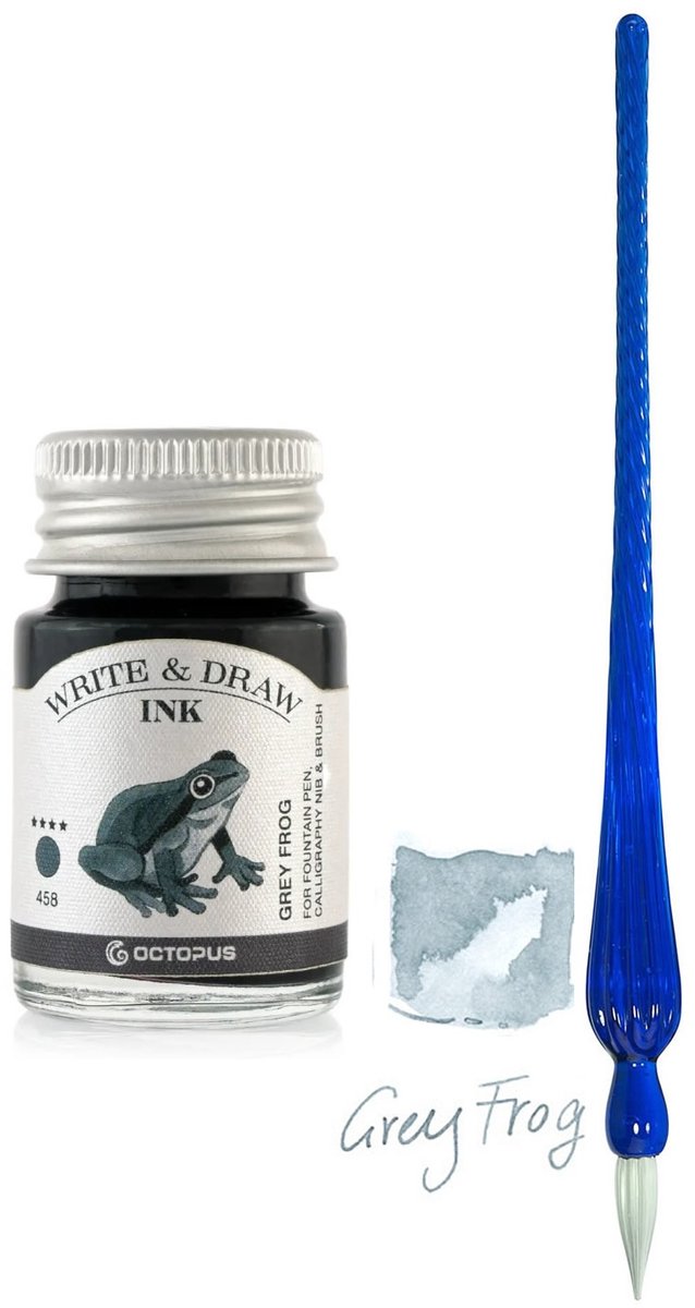 Glaspen - Glazen Dip Pen set in doosje - Blauw - Potje - Octopus - Vulpen inkt - grey frog