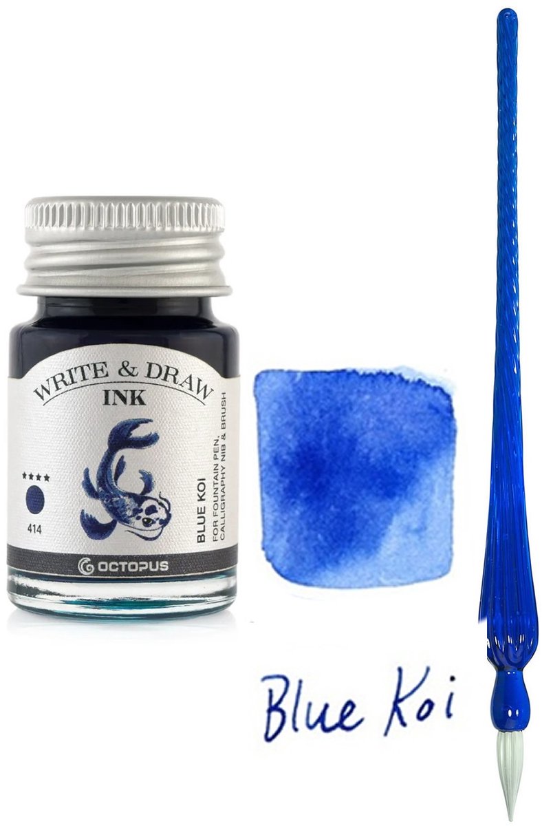 Glazen dip pen set in doosje - Blauw - Potje Octopus inkt blauw-blue koi