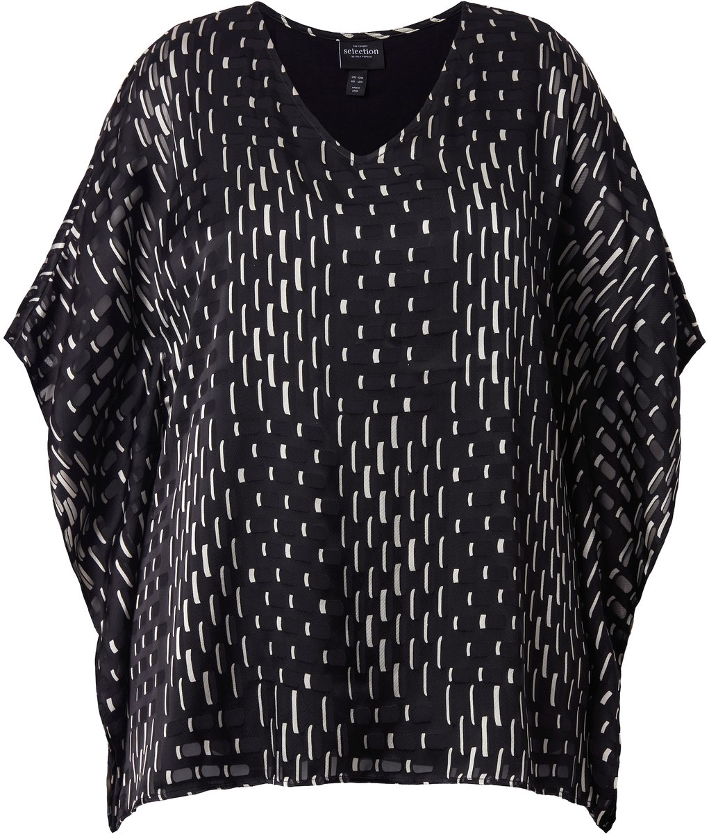 Ulla Popken - Dames - Mesh blouse dubbelgelaagd oversized V-hals korte mouwen - Zwart - Maat 42+