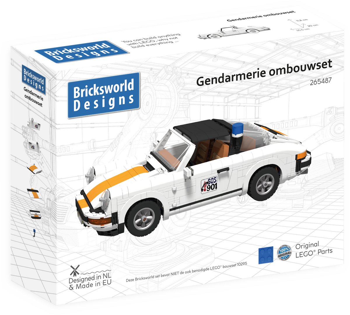 Bricksworld BOC-POR-GE Gendarmerie ombouwkit voor LEGO® 10295 Porsche 911 Targa. Samengesteld uit originele nieuwe LEGO® onderdelen.