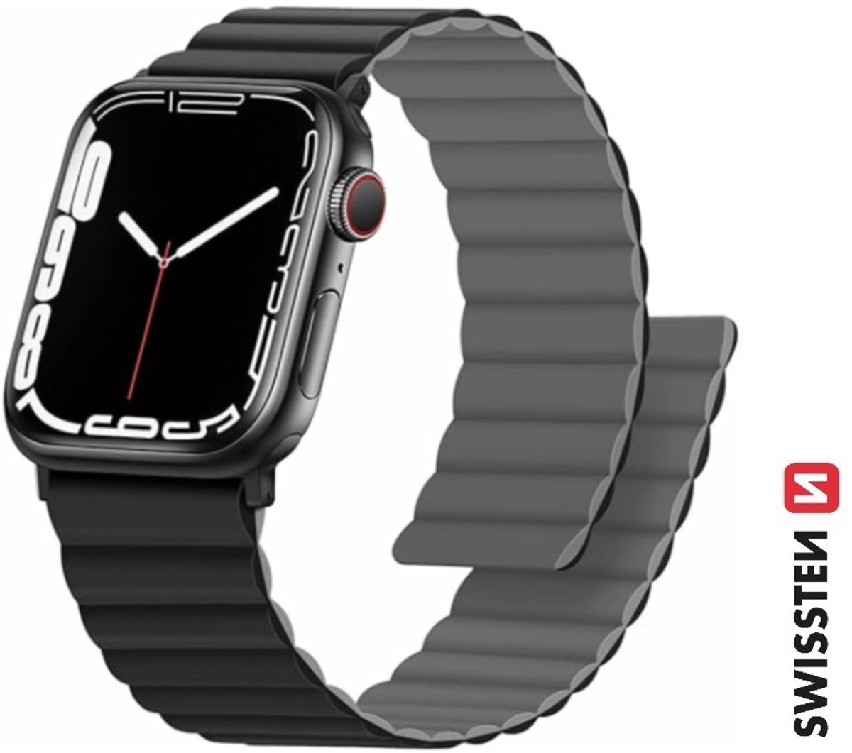Swissten bandje Geschikt voor Apple Watch 42-49mm Magnetic Silicone Band - 46000511 - Black/Grey