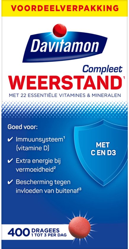 Voordeelverpakking Davitamon Compleet Weerstand met 22 vitamines & mineralen. Goed voor immuunsysteem, extra energie en bescherming. 400 dragees.