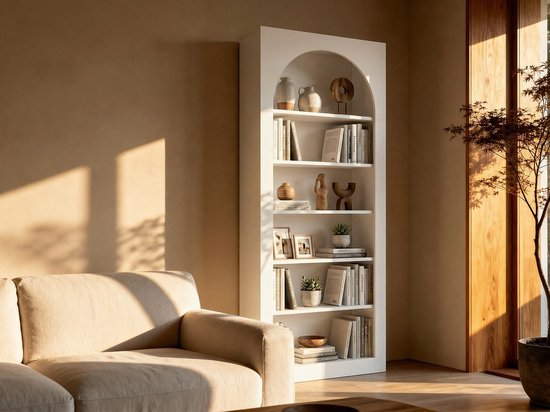Witte boekenkast met ronde boog bovenaan, gevuld met boeken en decoraties, in een woonkamer.