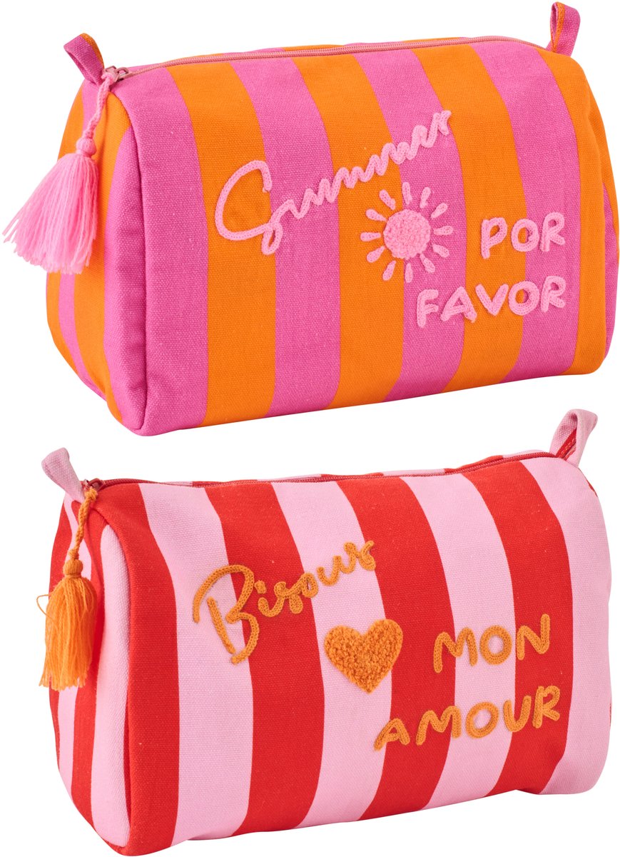 J-Line toilettas Summer + Bisous Gestreept - katoen - mix - set van 2