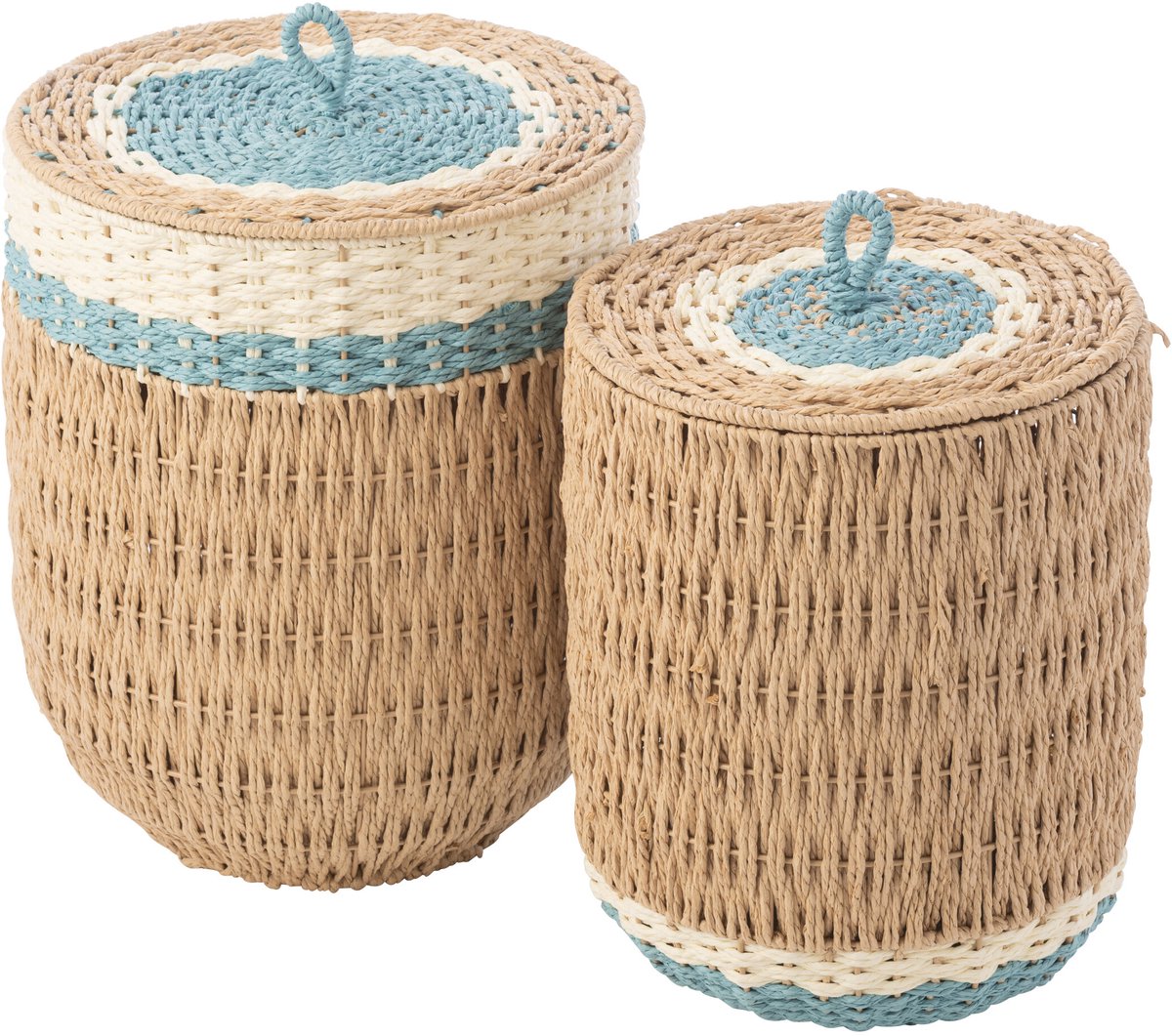 J-Line mand met deksel Gestreept - papier - naturel/lichtblauw - set van 2