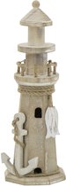 Houten decoratie vuurtoren in naturelkleur met touwdecoratie en een anker.