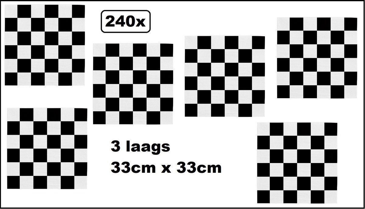 240x Servetten Race zwart/wit 33cm x 33cm - 3 laags - Servet diner eten knoeien restaurant Formule 1 BBQ thema feest verjaardag feest
