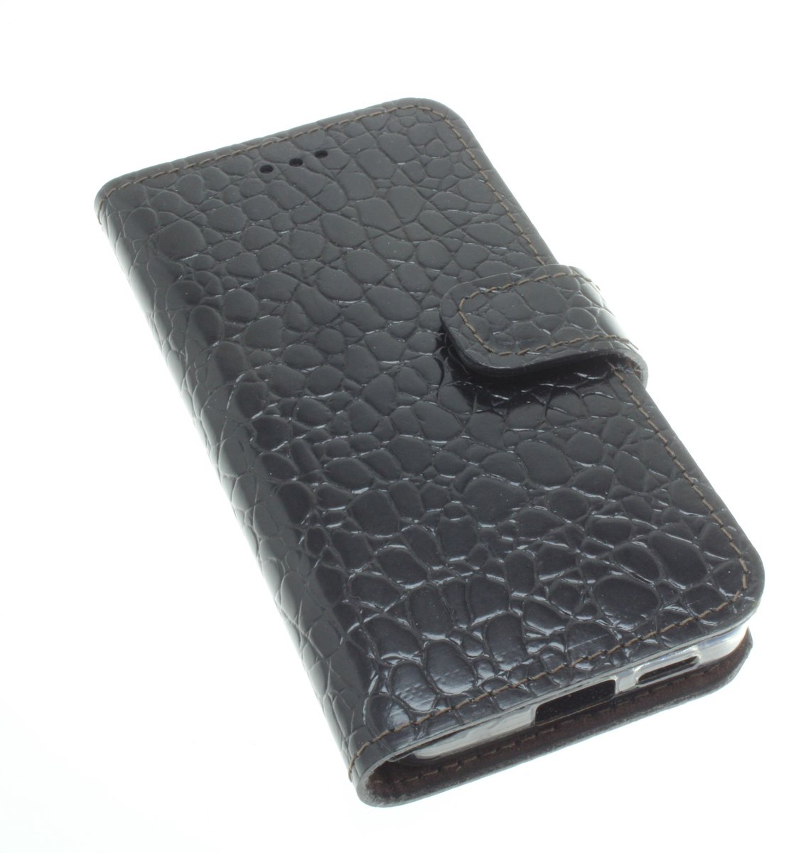 Made-NL geschikt voor Samsung Galaxy S24/25 zwart leren hoesje – Oersterk kalfsleer met krokodillenprint, robuuste bookcase