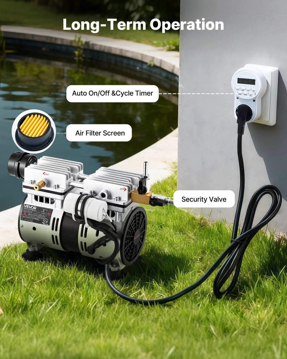 VEVOR Vijverbeluchter, Vijverbeluchtingssysteemset, Incl. 590W Luchtpomp, 30,5m Luchtslang, 2x360° Nano-diffusorplaten, Luchtcompressor voor Zuurstofcirculatie In Vijver en Watertuin — cadeau in Cadeau-ideeën - foto 4