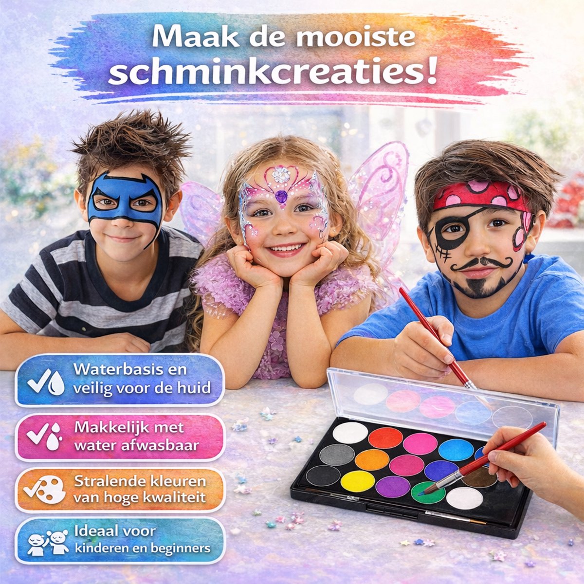 Joyage Schmink kinderen & volwassenen - Op waterbasis - Sjablonen en penselen - Schminkset Elf Make up Kinderen - Face paint palette - Grime Schmink palet volwassenen wit - Kinderschmink voor grimas - Gezichtsverf grimeren - Smink accessoires zwart — afbeelding 5