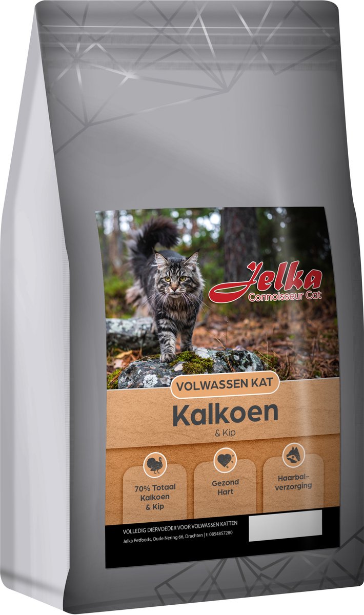 Jelka Kattenvoer 1.5kg Kalkoen & Kip – 70% Dierlijke Eiwitten – Graanvrij Droogvoer – Met Versbereide Ontbeende Kalkoen & Kip – Voor Volwassen Katten