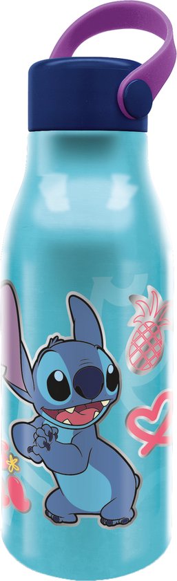 Bouteille bleue avec Stitch, un ananas, un cœur et une fleur. Avec anse violette et bouchon bleu foncé.