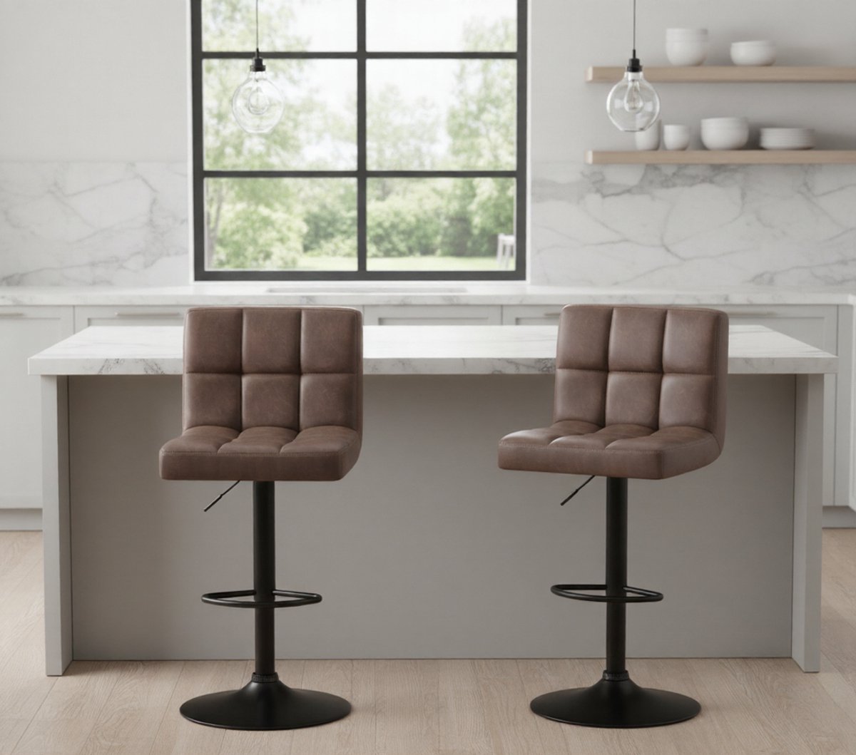 Barkrukken Set van 2 – House&Garden Luxe Donkerbruine Barkrukken met Rugleuning – Verstelbaar & Draaibaar – Kunstleer & FSC Hout – 360° Draaistoel – Voor Keuken, Bar & Eetkamer
