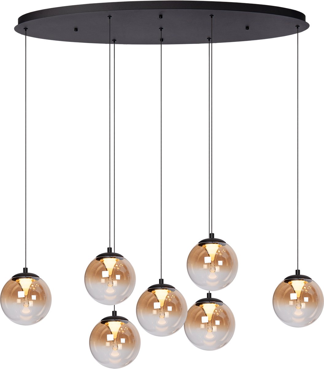 Atmooz Monza 7 Hanglamp Ovaal - 7-lichts Luxe Hanglamp - 90 cm - Geïntegreerde LED - Dimbaar - Modern Glas & Metaal Design - Eettafellamp - Zwart & Smoky Grey