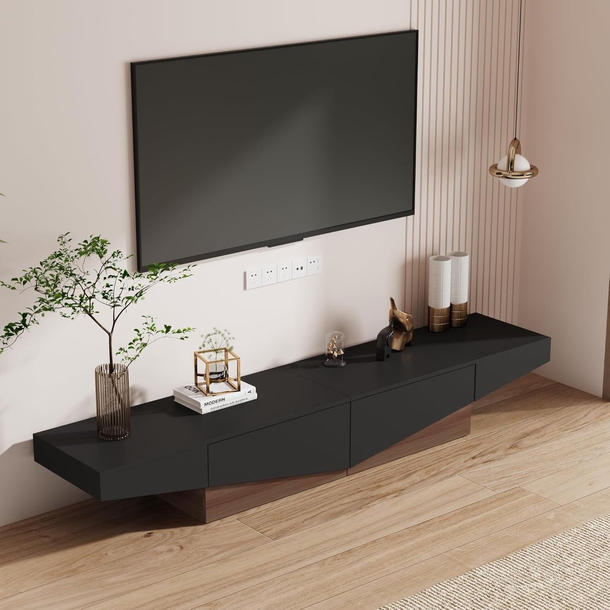 TV Lowboard Modern 200x40x35 cm – TV-Kast met 2 Laden, Robuust MDF, Bruin en Zwart – Telev