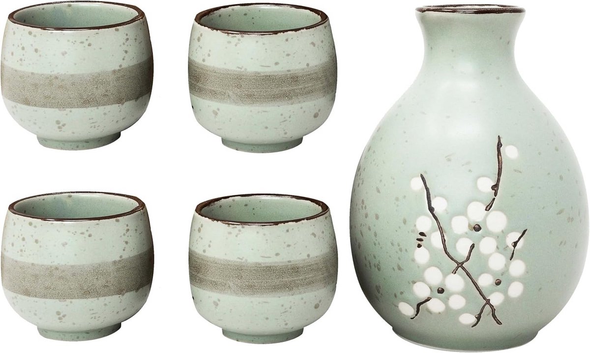 Japanse Sake Set 5-delig Keramiek – Warme en Koude Drank – Handgeschilderde Kersenbloesem