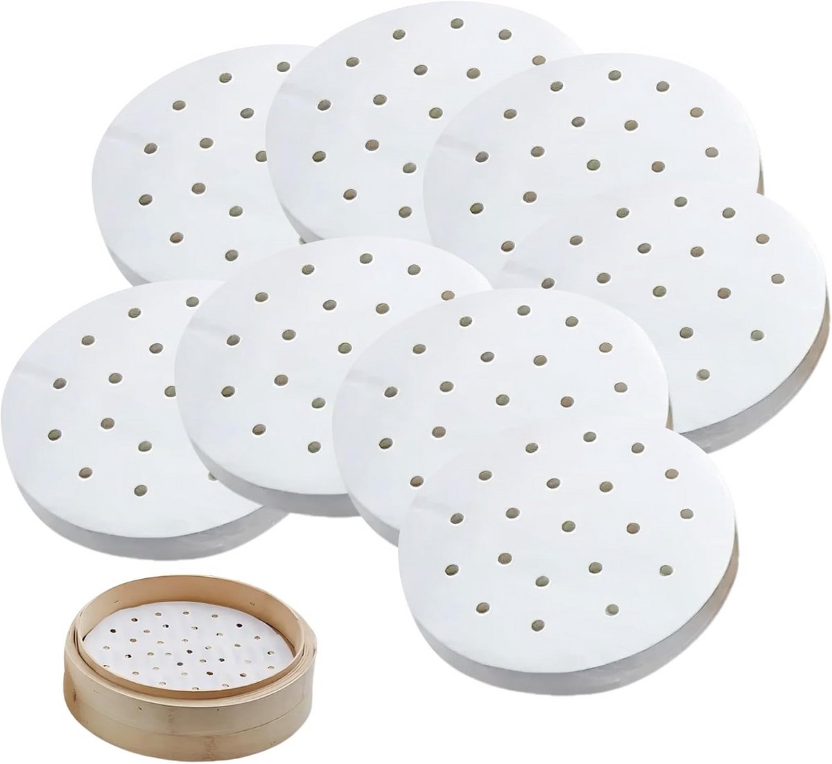 200x Geperforeerd Stoompapier Bamboe - 19 cm Vorm - Antiaanbaklaag voor Dim Sum & Airfryer