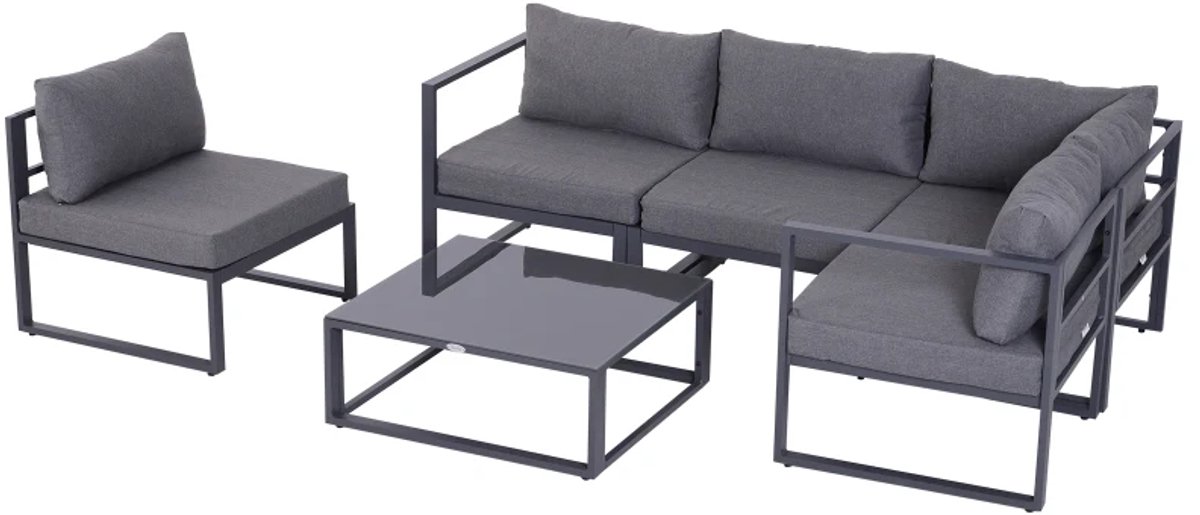 Luxe XXL Tuinset - 6-Delige Loungeset - voor 4-5 personen - Tuinmeubelset - Hoekbank - Tuintafel - met 4 Fauteuils, 1 Hoekbank, 1 Bijzettafel, Zit- en Rugkussens - Ideaal voor tuin, balkon en terras - Hoeklounge - Zitgroep - Grijs