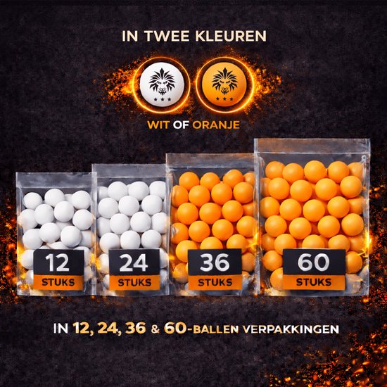 Tafeltennisballen in het wit en oranje, verpakt per 12, 24, 36 en 60 stuks.