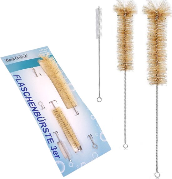 Un emballage contenant trois brosses à bouteille beiges et deux brosses détachées.