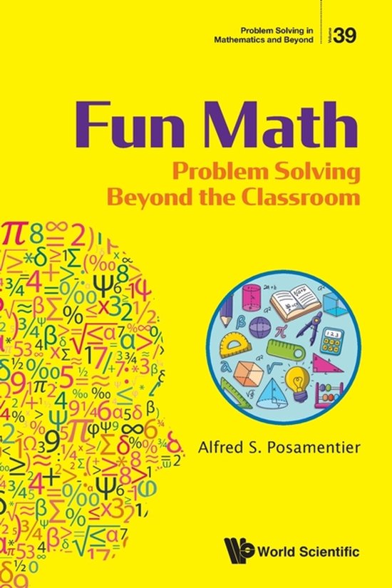 Livre jaune 'Fun Math' avec symboles mathématiques en forme de tête et cercle illustrant des fournitures scolaires.