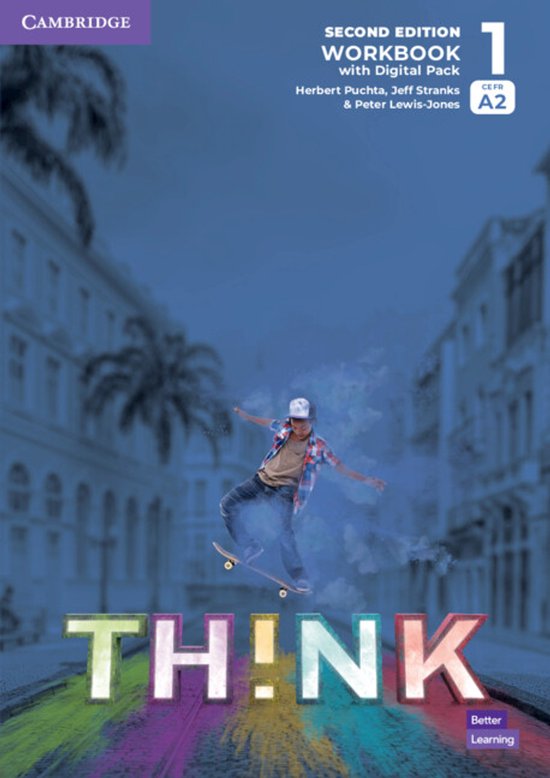 Boek "TH!NK", Cambridge, tweede editie, workbook A2 met digitale versie, met een jongen op een skateboard op de voorpagina.