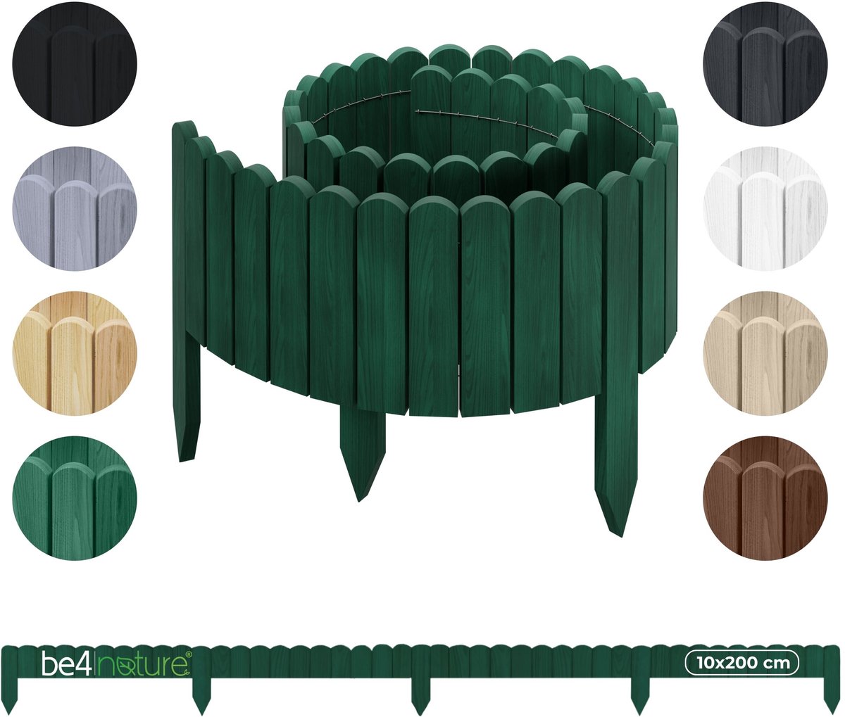 be4nature Flexibele houten border 10 x 200 cm Donkergroen Geïmpregneerde rolborder plantenrand tuinhek decor palissade graskant