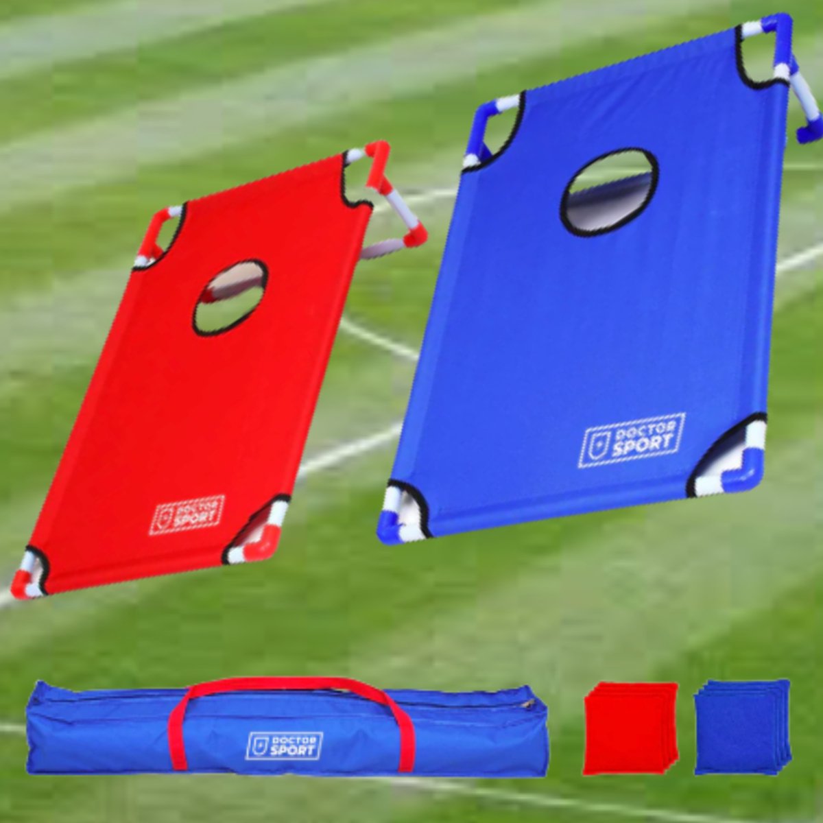 Dubbele U.S.A. CORNHOLE set Blauw-Rood in luxe draagtas - 8 bean bags - Prachtig Werpspel