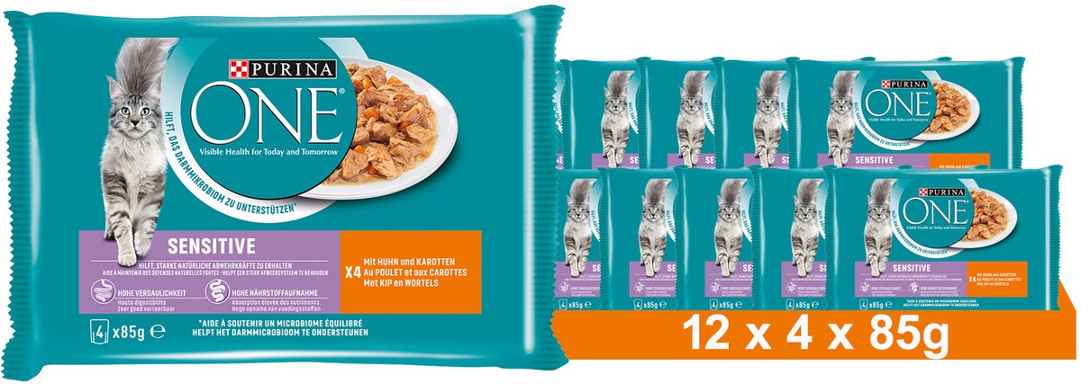 Purina One PURINA ONE SENSITIVE mini-filets in jus met tonijn en wortelen, natvoer voor katten, zakje 4 x 85 g