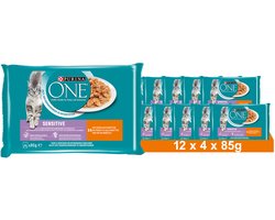 PURINA ONE SENSITIVE mini-filets in jus met tonijn en wortelen, natvoer voor katten, zakje 4 x 85 g