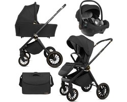 BabyLux® Kinderwagen 3in1 Set ROSSO, Zwart, Opvouwbare Lichtgewicht Kinderwagenset Incl. Reiswieg, Buggy, I-Size Baby-Autostoeltje, Luiertas En Meer Accessoires, 4 Ligstanden, 0-22kg, Uv-Bescherming 50+