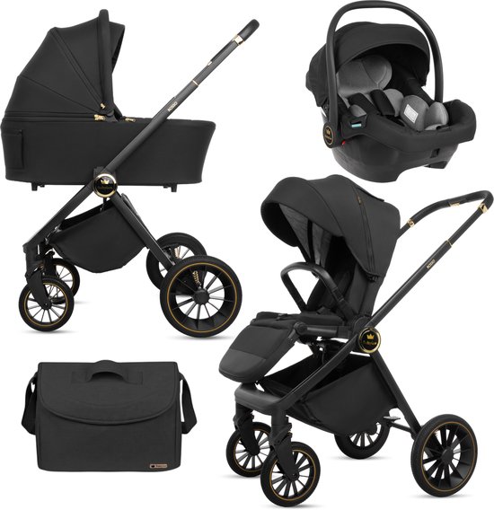 BabyLux® Kinderwagen 3in1 Set ROSSO, Zwart, Opvouwbare Lichtgewicht Kinderwagenset Incl. Reiswieg, Buggy, I-Size Baby-Autostoeltje, Luiertas En Meer Accessoires, 4 Ligstanden, 0-22kg, Uv-Bescherming 50+