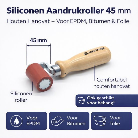 Silicone aandrukroller van 45 mm met comfortabel houten handvat, geschikt voor EPDM, bitumen en folie.
