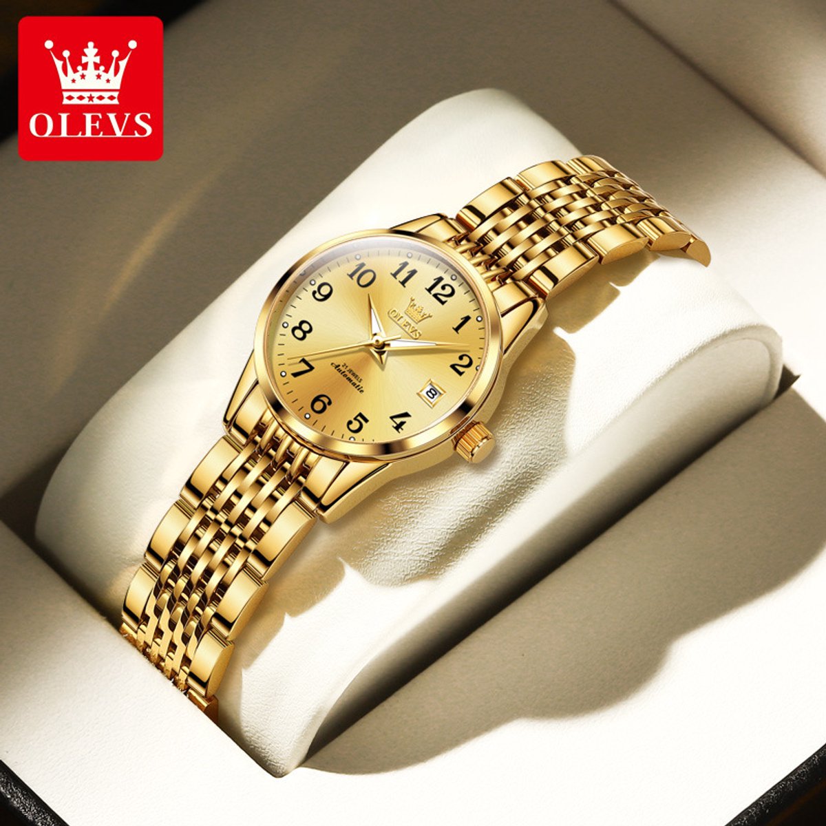 HO-6666L.g : Olevs goudkleurig tourbillon-mechanisch edelstaal dames horloge, goudkleurige wijzers, zwarte grote cijfers, luminiscerend, dagnaam, kalenderdag