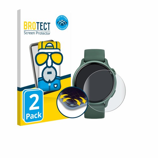 Verpakking met 2 screenprotectors voor Garmin vivoactive 6, met matte afwerking, cartoon hond, naast een groene smartwatch met protectors.