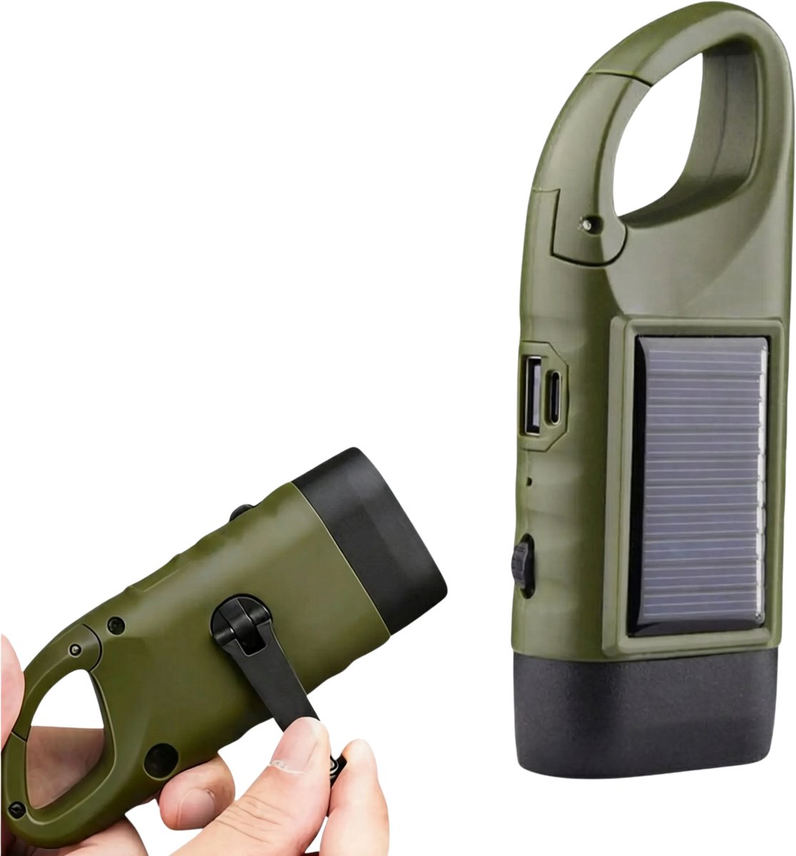 JustValue Opwindbare Zaklamp - Powerbank Functie - 600 mAh - Militaire zaklamp - LED Knijpkat - Noodverlichting - Dynamo - Zonne-energie - Solar - Donkergroen