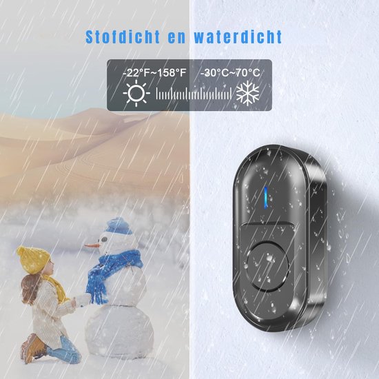 Zyrex® Draadloze Deurbel met 2 Ontvangers - Deurbelset Voor Buiten - Beldrukker - Zwart - ‎8cm x 8cm x 7cm — afbeelding 5