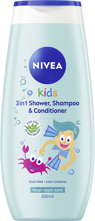 Nivea Kids douche, shampoo & conditioner 250ml fles. Lichtblauwe fles met blauwe dop. Voorzien van tekening van een jongen en een krab. Geur: magische appel.