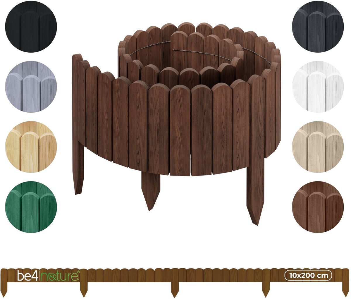 be4nature Flexibele houten border 10 x 200 cm Donkerbruin Geïmpregneerde rolborder plantenrand tuinhek decor palissade graskant