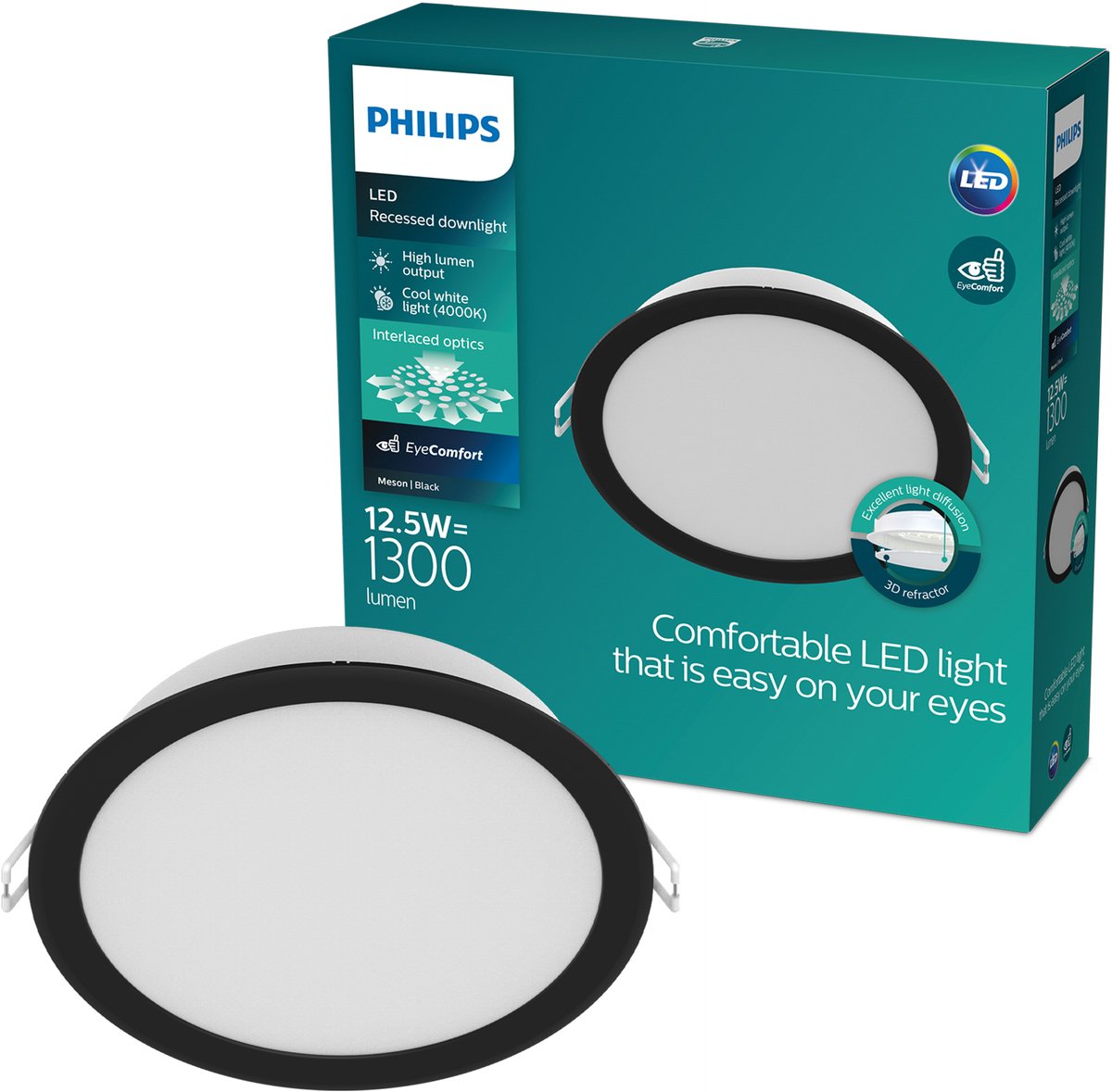 Philips Meson Inbouwspot - Plafondverlichting - Diameter: 140mm - Koelwit licht: 4000K - Zwart