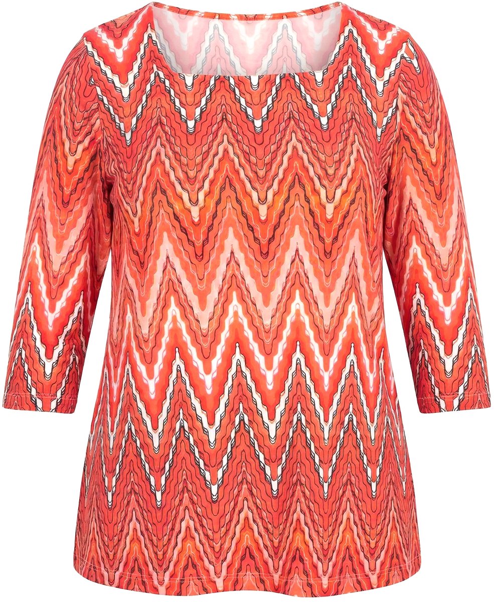 Angel of Style - Dames - T-shirt A-lijn zigzagpatroon carréhals - Koraal - Maat 44