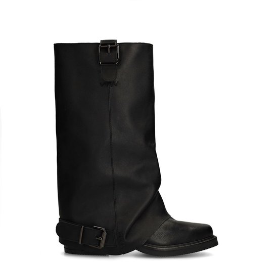 Sacha - Femme - Bottes motardes en cuir noir à rabat - Pointure 38