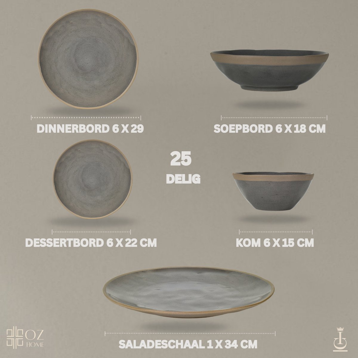 OZ Home Bricard Albi Serviesset 25-delig Porselein - 6 Personen - Groen-grijs (salie) met Beige Rand - Stapelbaar - Vaatwasser-, Magnetron- en Ovenbestendig — afbeelding 6