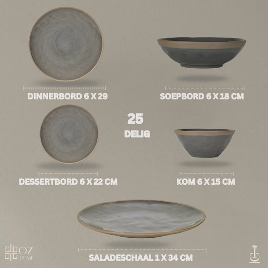 OZ Home Bricard Albi Service de Table 25 Pièces Porcelaine - 6 Personnes - Gris-vert (sauge) avec Bord Beige - Empilable - Résistant au Lave-vaisselle, au Four à Micro-ondes et au Four