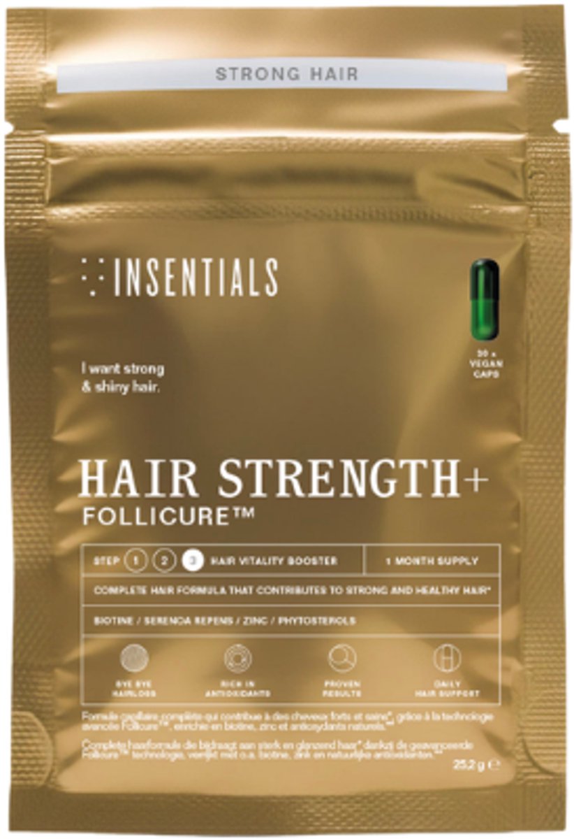 Insentials - Hair Strength+ - Complete formule tegen haaruitval mannen en vrouwen - Follicure™ - Zuivere Serenoa Repens - Biotine - Zink - Natuurlijke fytosterolen - Behoud van bestaand haar - Vertraging kaal worden - Haaruitval na bevalling