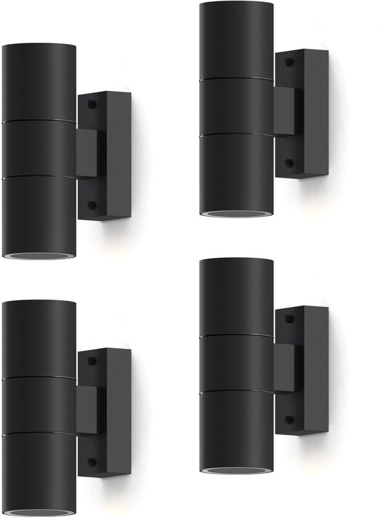 Quatre appliques murales doubles noires sur fond blanc.